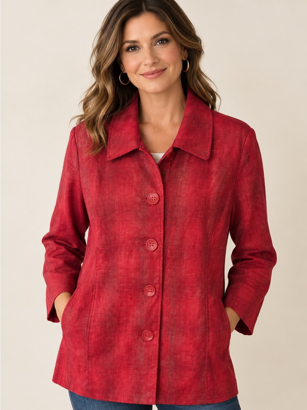 1. ERIN London Red Textured Crosshatch Plaid Button Front Jacket XL
